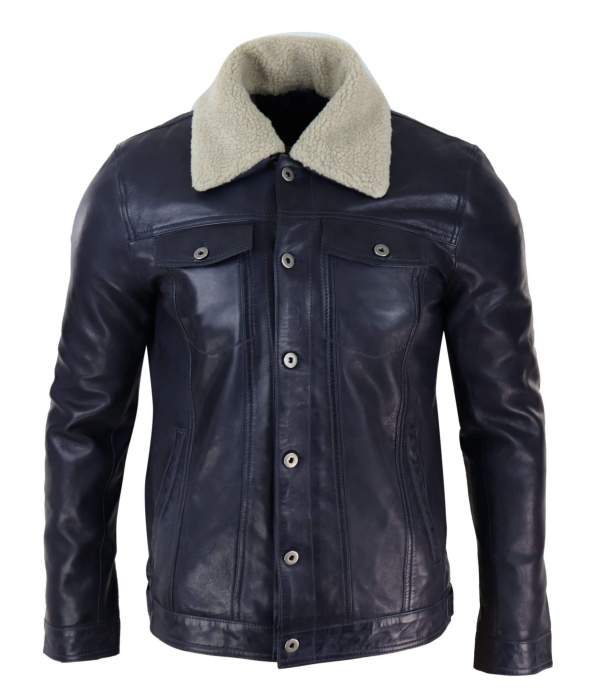 Mens Real Leather Jeans Jacket Fur Collar Retro Vintage Classic Navy Blue Casual