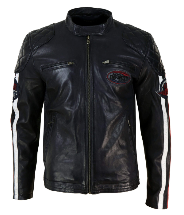 Real Leather Black Navy Brown Mens Racing Jacket Stripe Sleeves Moto Biker - Black