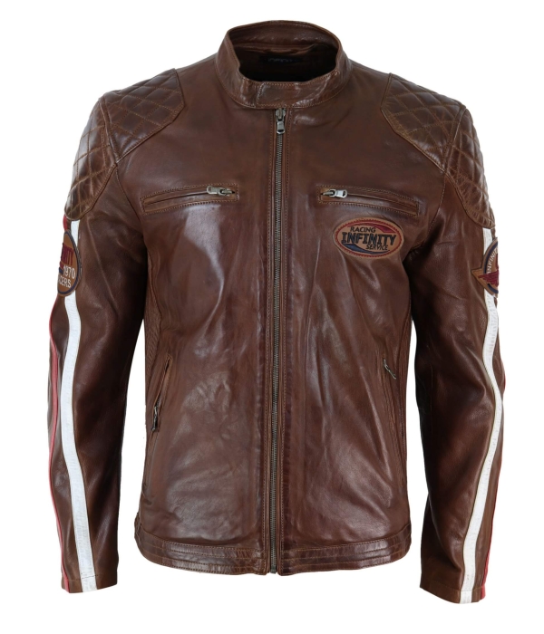 Real Leather Black Navy Brown Mens Racing Jacket Stripe Sleeves Moto Biker - Timber
