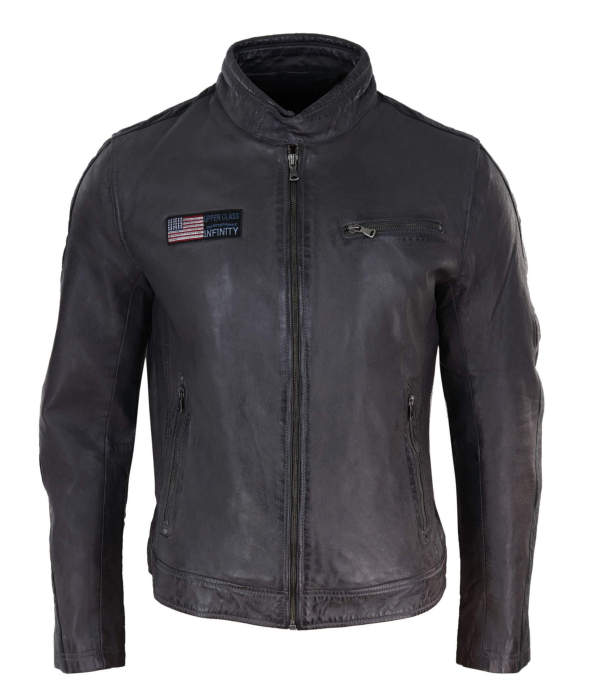 Real Leather Short Racing Mens Grey Jacket