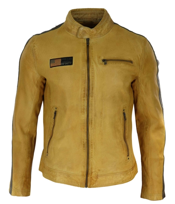 Real Leather Short Racing Mens Yellow Jacket