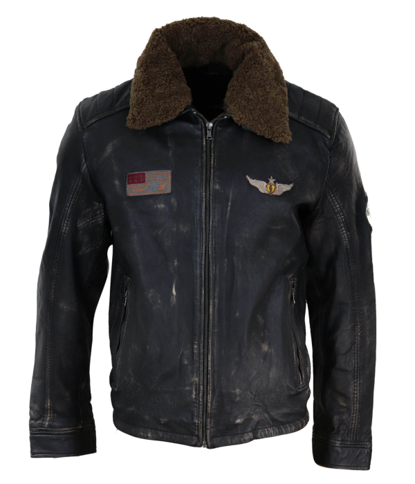 Mens Vintage Leather Jacket with Fur Collar