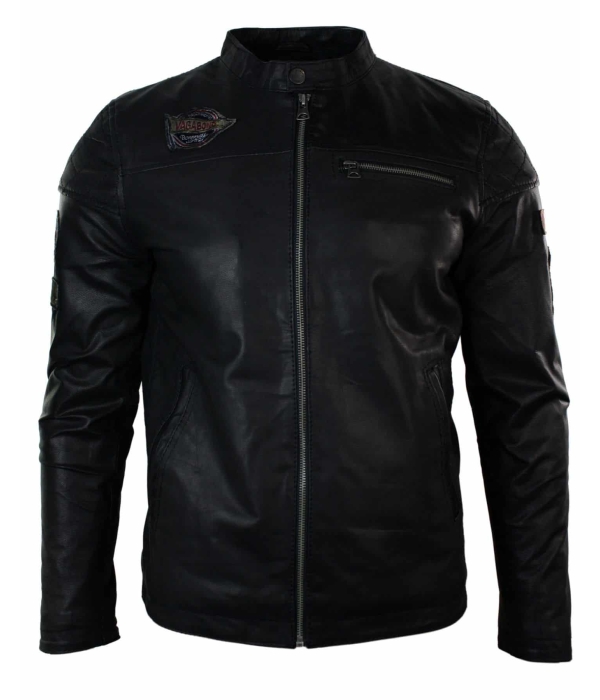 Genuine Real Leather Mens Black Slim Fit Retro Vintage Casual Biker Style Jacket Badges