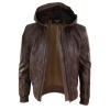 Mens Brown Leather Bomber Jacket with Hood