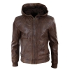 Mens Brown Leather Bomber Jacket with Hood