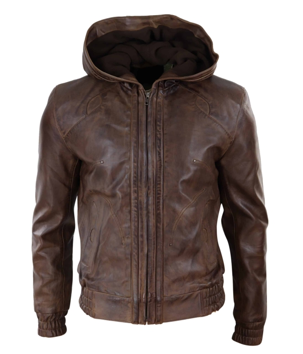 Mens Brown Leather Bomber Jacket with Hood