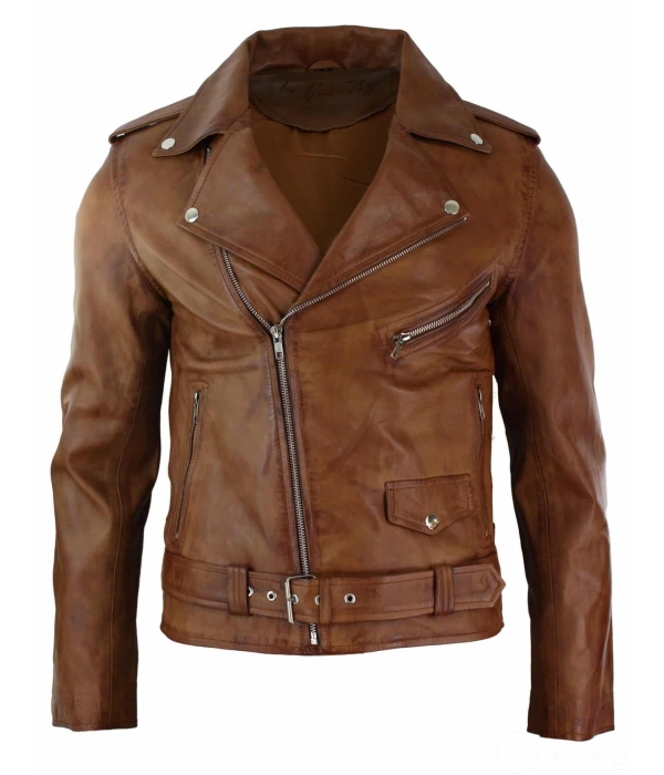 Real Leather Slim Fit Teal Cross Zip Mens Retro Vintage Brando Jacket Vintage