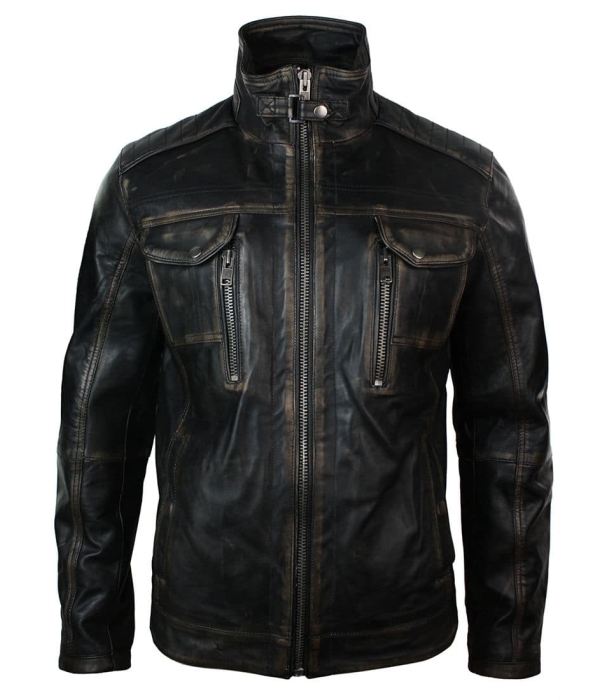 Real Washed Leather Retro Vintage Distressed Jacket Black Rub Off for Men