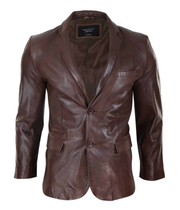Mens Slim Fit Brown Leather Blazer