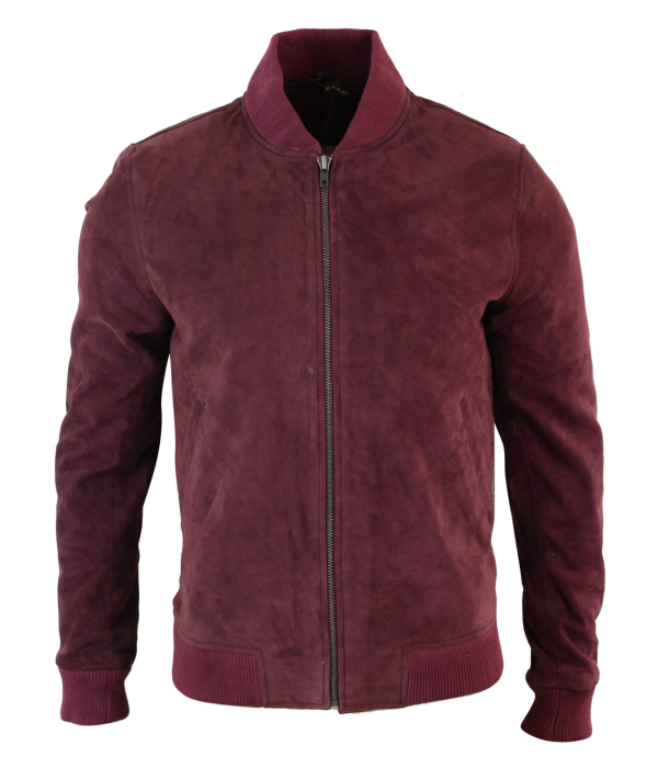 Varsity Mens Real Suede Leather Bomber College Jacket Classic Retro Vintage - Burgundy