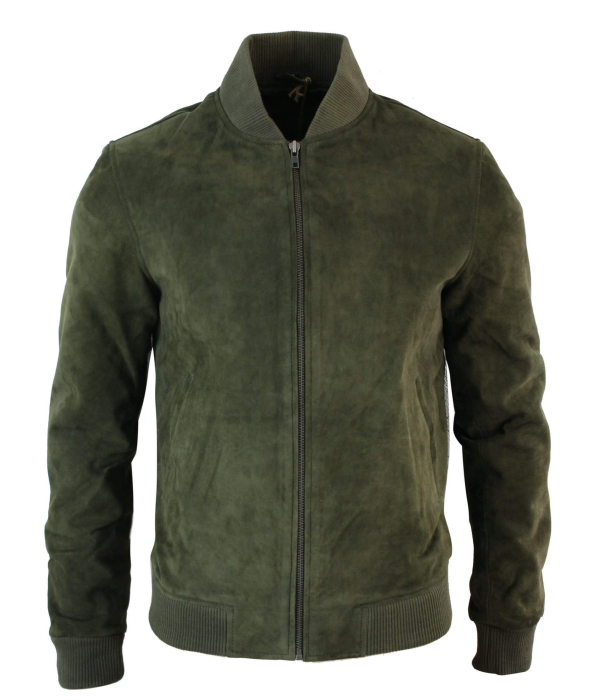 Varsity Mens Real Suede Leather Bomber College Jacket Classic Retro Vintage - Olive
