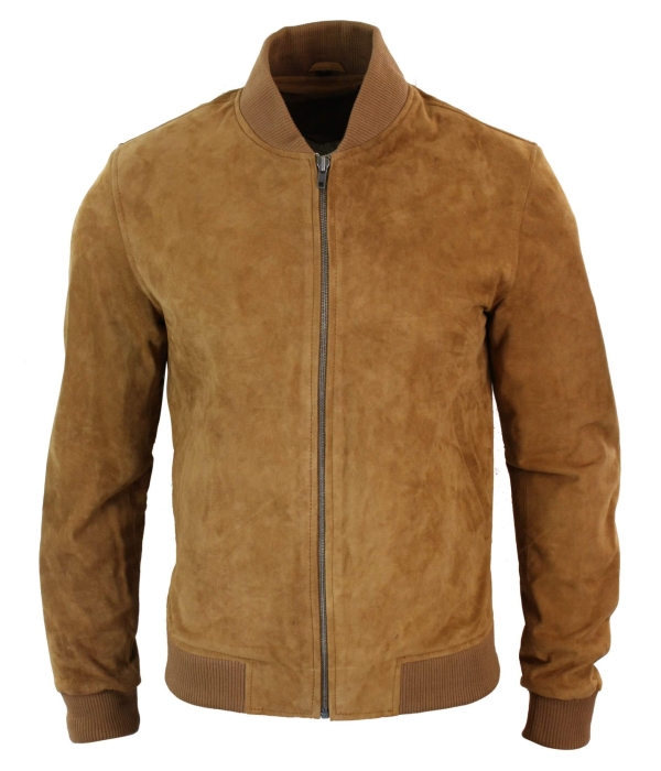 Varsity Mens Real Suede Leather Bomber College Jacket Classic Retro Vintage - Tan Brown