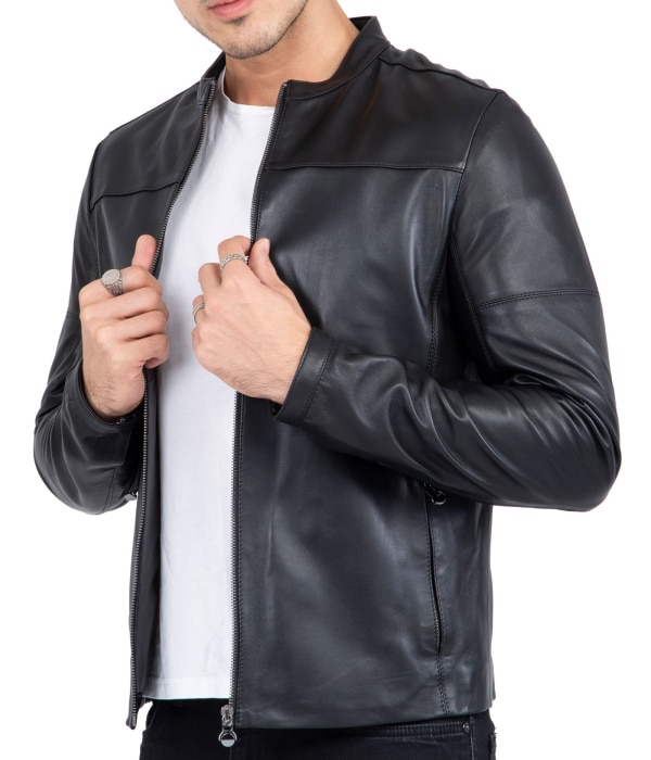 Happy Gentleman B101 - Mens Black Genuine Leather Biker Jacket - Slim Fit