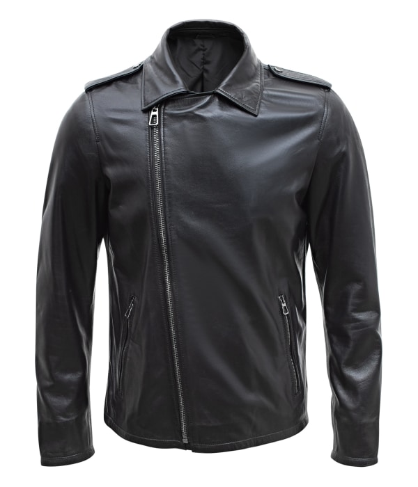 Happy Gentleman B104 - Geuine Leather Cross-Zip Brando Black Slim Fit Jacket for Men