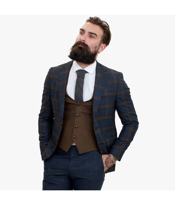 Happy Gentleman GRAZIE Navy Blue Wool 3 Piece Suit with a Contrasting Brown Waistcoat
