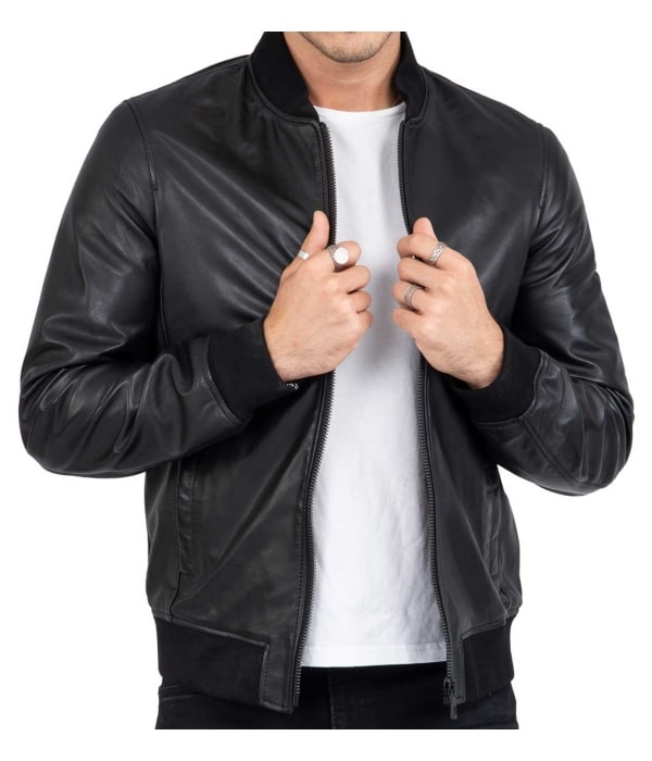 Lamb Real Leather Black Bomber Jacket for Men Regular Fit - B203