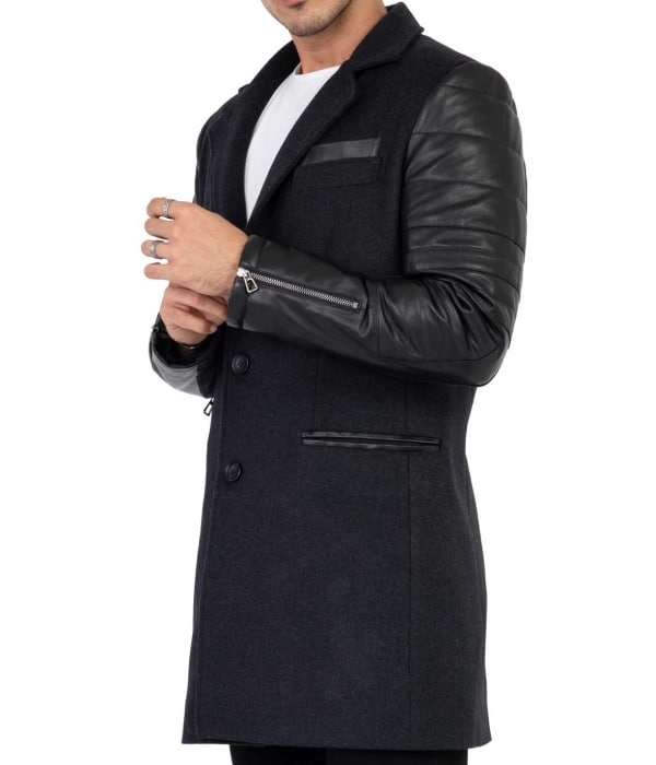 Mens Tweed Cashmere Wool Overcoat with Real Leather Sleeves Grey - B213