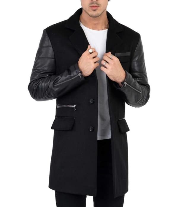 Mens Tweed Cashmere Wool Overcoat with Real Leather Sleeves Black - B213