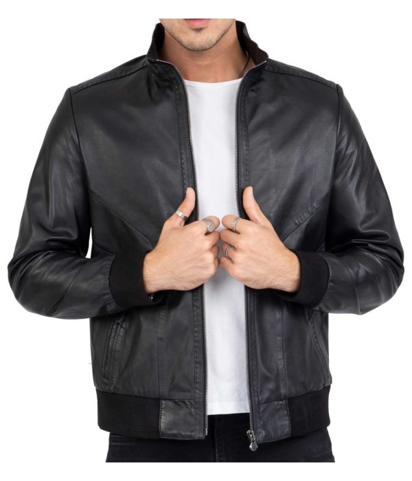 Real Lamb Leather Black Bomber Jacket for Men Regular Fit - B210