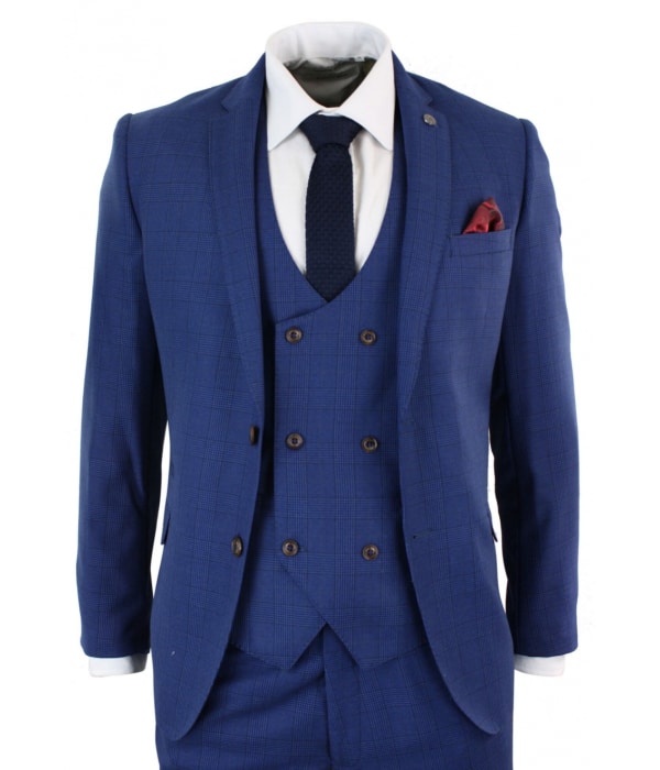 Mens Blue Check 3 Piece Slim Fit Suit