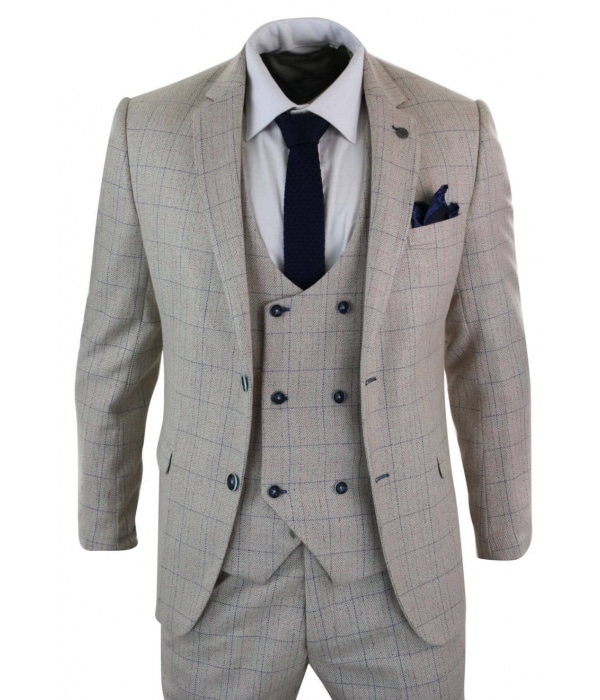 Men's 3 Piece Cream Blue-Check Suit