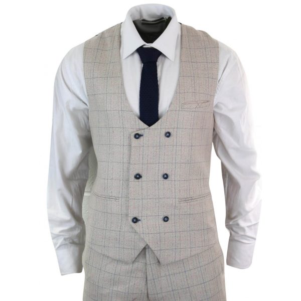 Men's 3 Piece Cream Blue-Check Suit