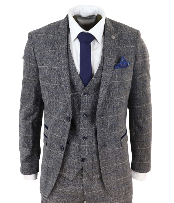 Marc Darcy Scott - Mens Grey with Blue Check 3 Piece Suit