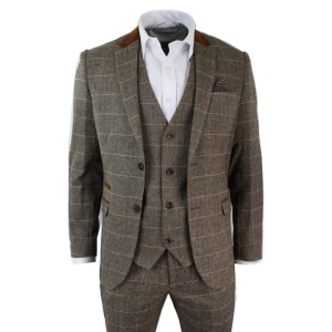 Mens Check Vintage Herringbone Tweed Tan 3 Piece Suit Slim Fit Wedding