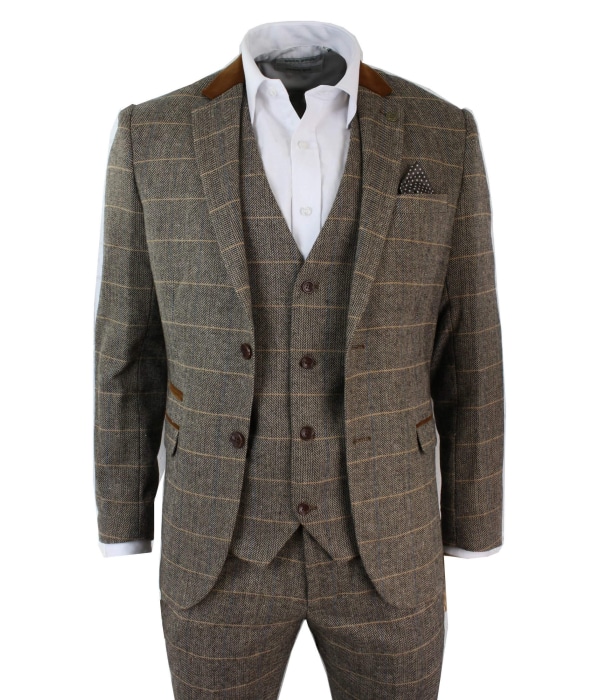 Mens Check Vintage Herringbone Tweed Tan 3 Piece Suit Slim Fit Wedding