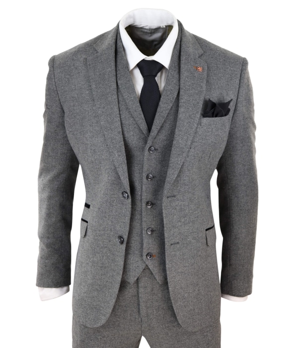 Mens Dark Grey Herringbone Tweed 3 Piece Suit