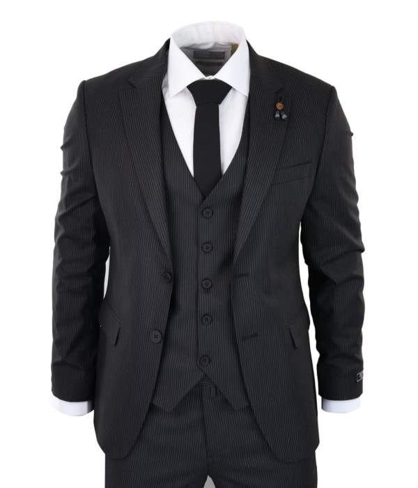 Black Pinstripe 3 Piece Suit - RC20-02