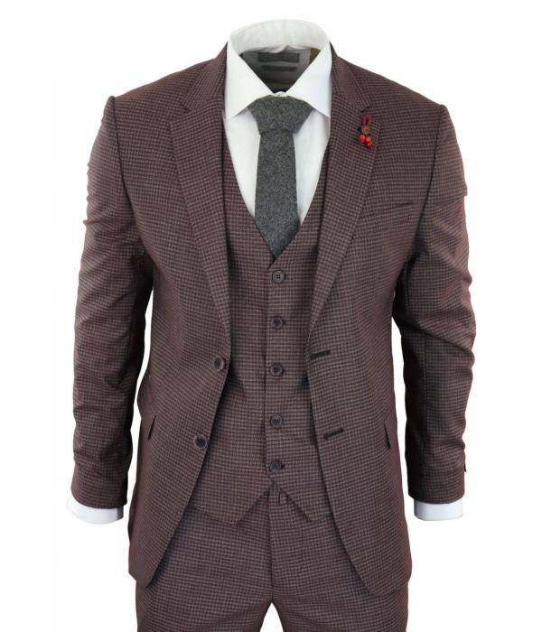 Burgundy-Grey Sheppard's Check 3 Piece Suit - RK20-10