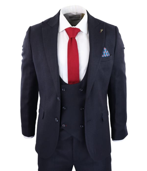 Men's Navy Herringbone 3 Piece Suit