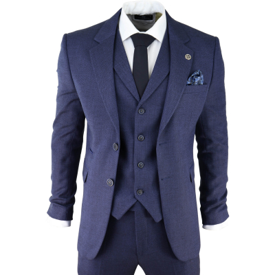 Men's Navy-Blue Herringbone Tweed 3 Piece Suit