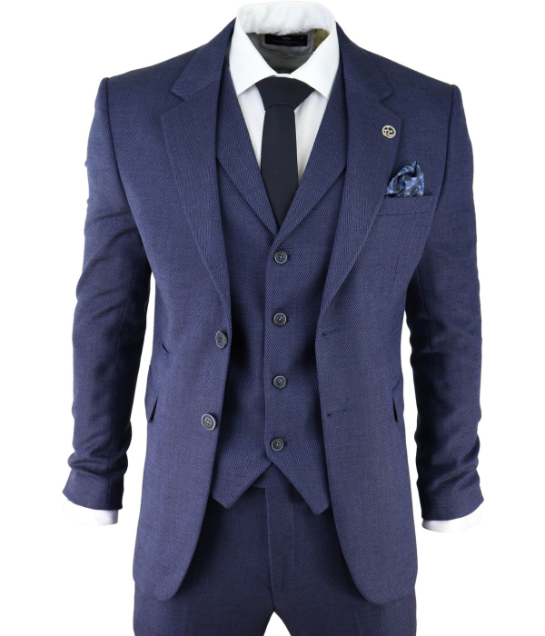 Men's Navy-Blue Herringbone Tweed 3 Piece Suit