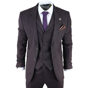 Men’s Plum Herringbone Tweed 3 Piece Suit