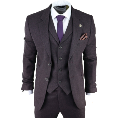 Men's Plum Herringbone Tweed 3 Piece Suit