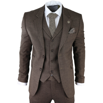 Men's Brown Herringbone Tweed 3 Piece Suit