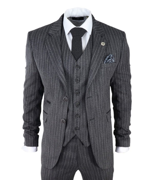 Men's Grey Pinstripe Herringbone Tweed 3 Piece Suit