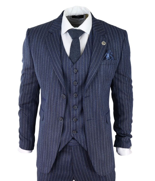 Men's Blue Pinstripe Herringbone Tweed 3 Piece Suit
