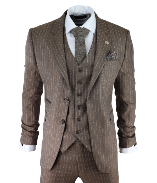Men's Oak Brown Pinstripe Herringbone Tweed 3 Piece Suit