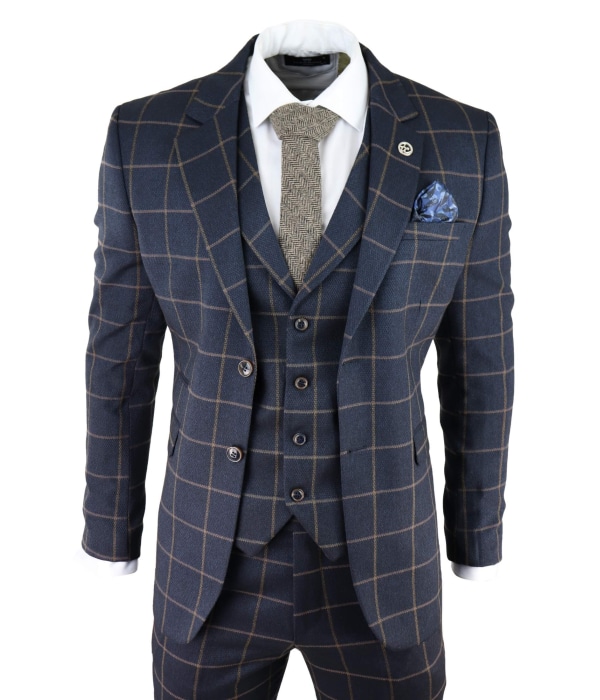 Men's Navy-Blue Windowpane Check 3 Piece Suit