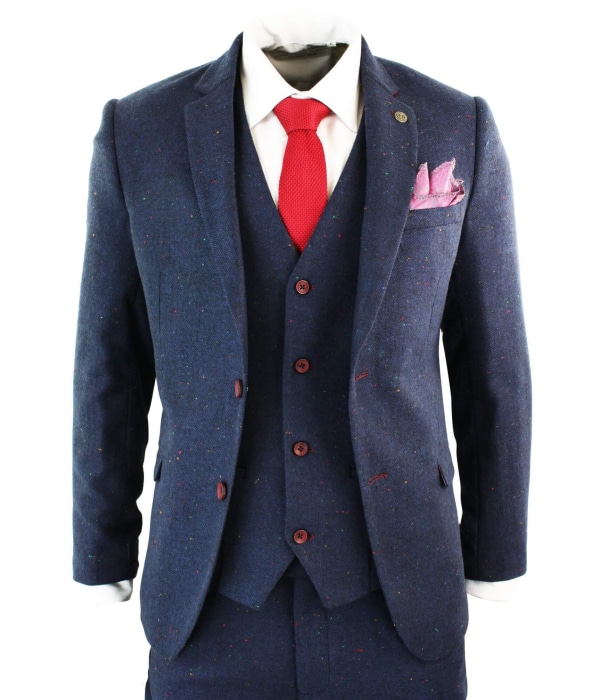 Men's 3 Piece Navy-Blue Slim Fit Suit with Wine Trim