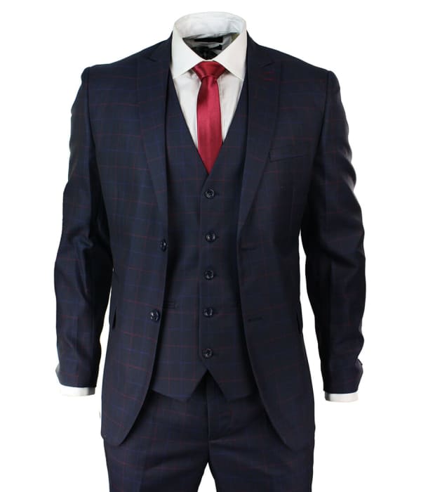 Men's Navy Blue Check 3 Piece Suit