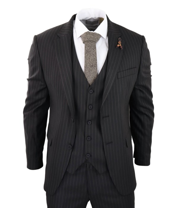 Mens Black 3 Piece Pinstripe Suit