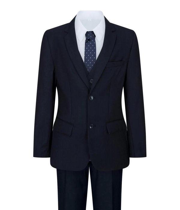 Boys Navy Blue 5 Piece Suit Blazer Waistcoat Shirt Tie Trousers Wedding Party