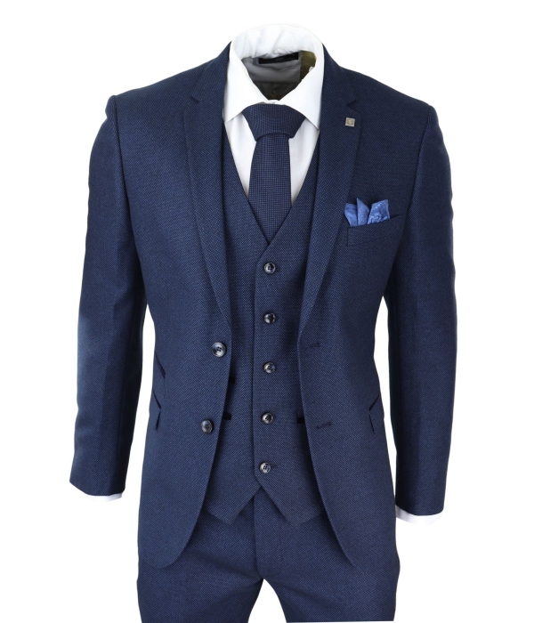 Mens Navy Blue 3 Piece Suit Birdseye Suit Wedding Prom Formal Smart Classic