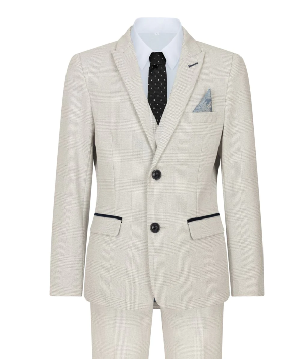 Boys 3 Piece Cream Tweed Wedding Party Check Suit Tailored Fit Smart Formal