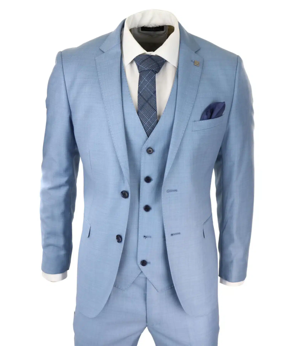 Mens Light Blue Sky 3 Piece Suit Classic Stitch Wedding Summer Prom Classic