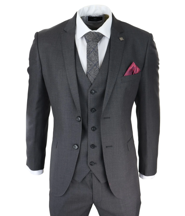 Mens Dark Grey Charcoal 3 Piece Suit Classic Stitch Wedding Summer Prom Classic